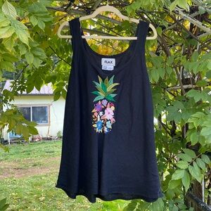 Flax Black Tank Top with Colorful Pineapple Embroidery